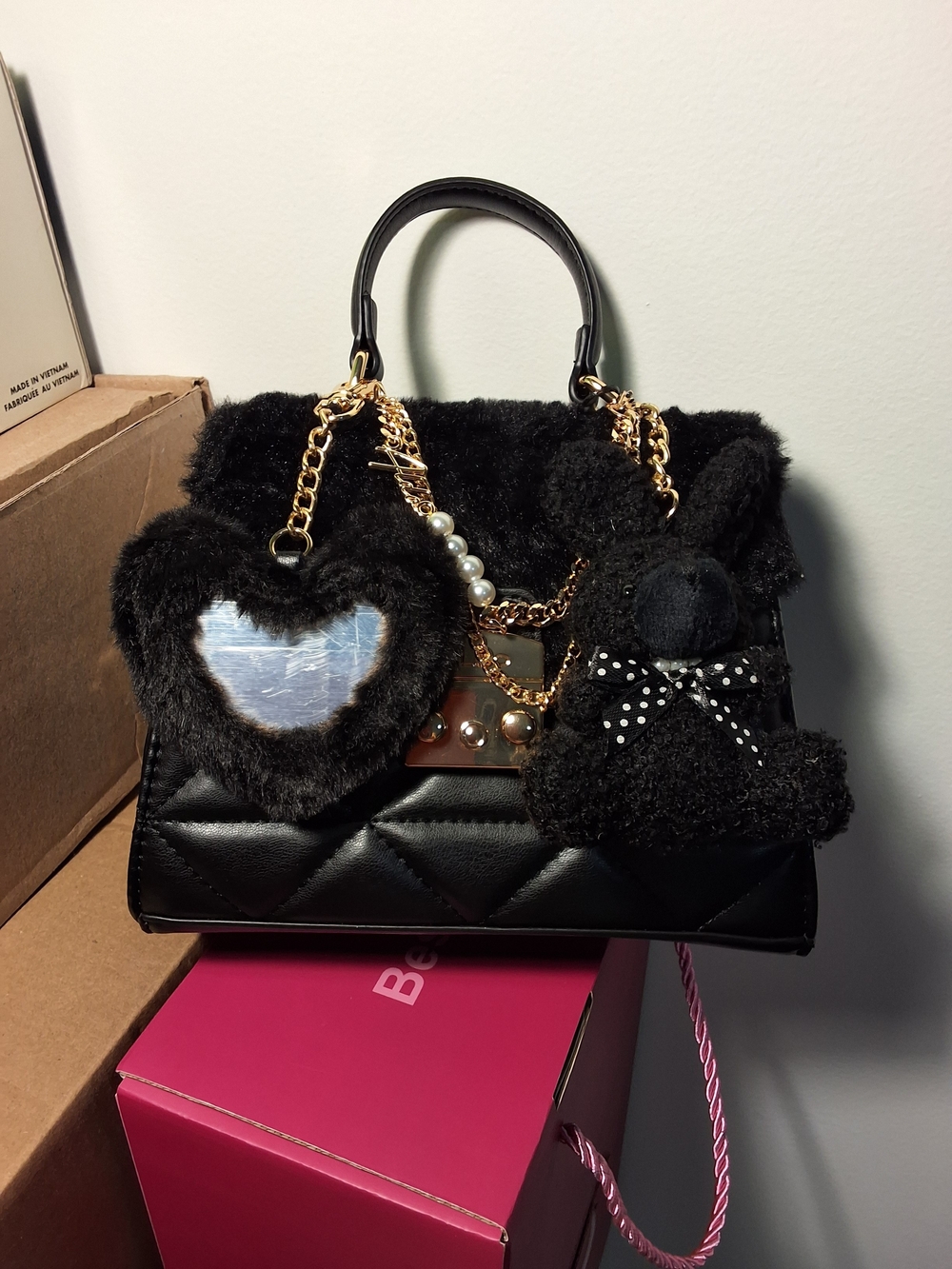 NWT ALDO Black Faux Fur Top Handle Satchel Bag Teddy Bear Charm Crossbody